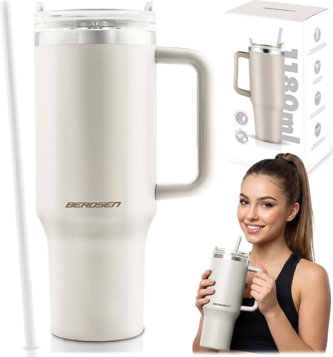 Termohrnek Berdsen se slámkou 1180 ml krémový