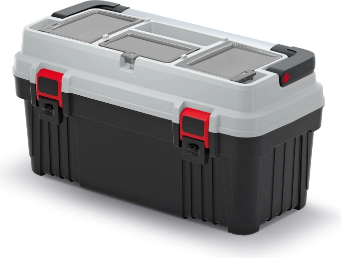 Kufr na nářadí s kovovým držadlem OPTIMA, 586 × 296 × 305 mm, šedý