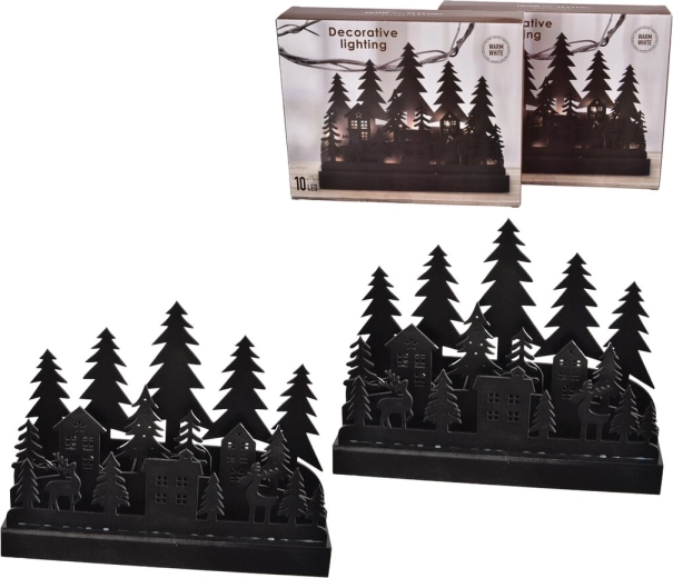 LED dřevěný svícen Domeček/Strom černý 30 × 6 × 24 cm