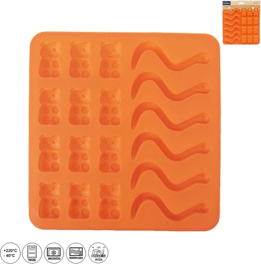 Silikonová forma na gumové bonbony – žížaly a medvídci, 18 ks, oranžová