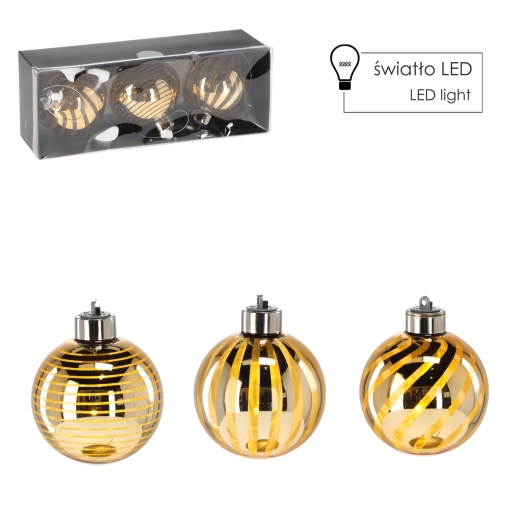 Sada zlatých skleněných vánočních ozdob s LED, 8 cm, 3 ks