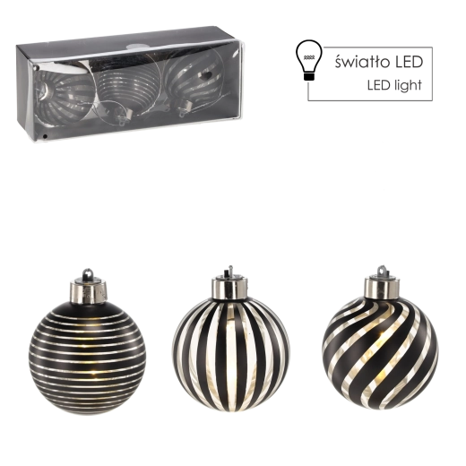 Sada skleněných vánočních ozdob se stříbrným LED osvětlením 8 cm (3 ks) Chomik