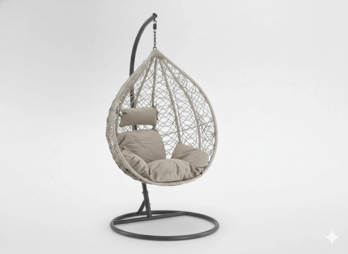 Závěsné křeslo vejce se stojanem, šedé polstry, šedý rám 118 × 107 × 68 cm