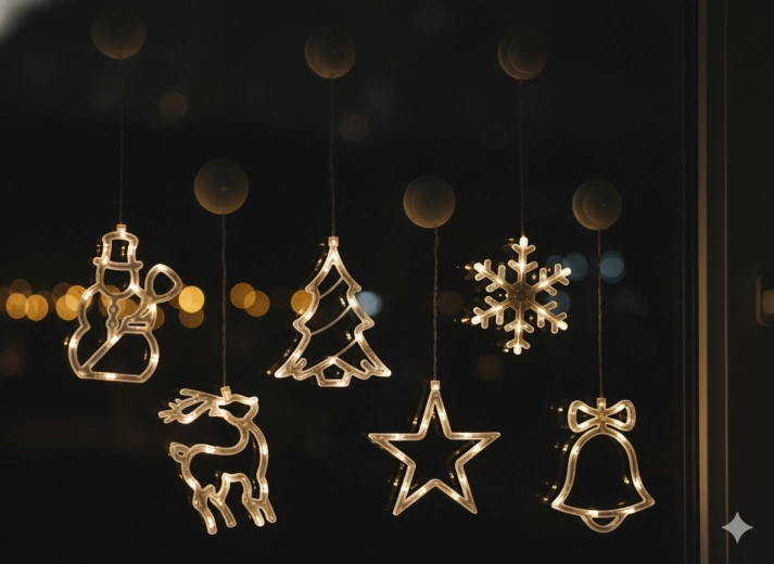 Vánoční okenní LED dekorace s přísavkou na baterie, teplá bílá, mix 6 tvarů