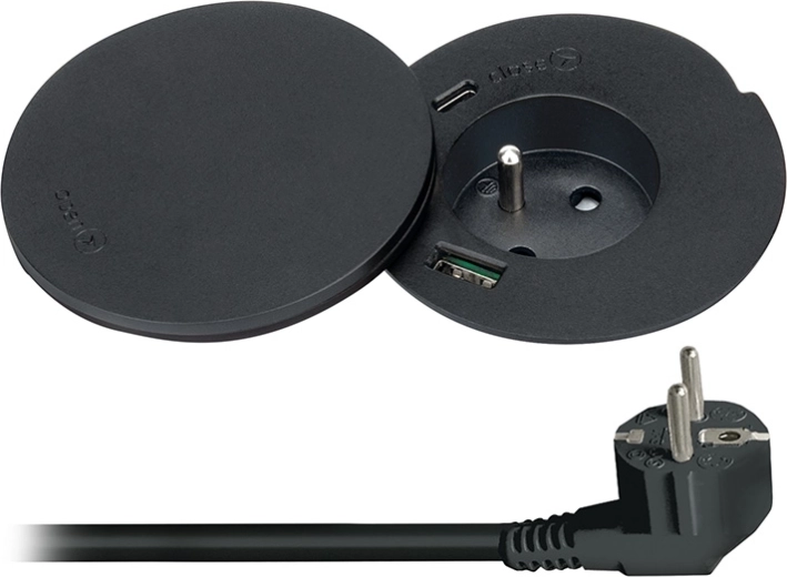 Solight vestavná zásuvka do stolu s USB-A/USB-C a bezdrátovým nabíjením 10 W, otočné víčko, černá - 1 kus