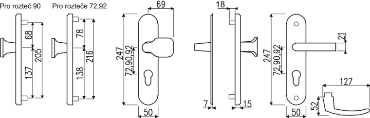 Bezpečnostní kování bez překrytí vložky 72 mm, stříbrný elox RICHTER