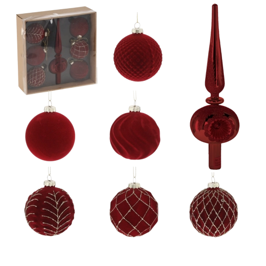 Sada 7 skleněných vánočních koulí v bordové barvě