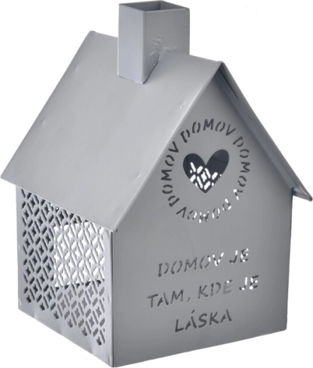 Kovový domeček Domov – svícen na čajovou svíčku, šedý 15 cm