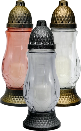 Hřbitovní skleněná lampa 28 cm – parafínová, mix barev