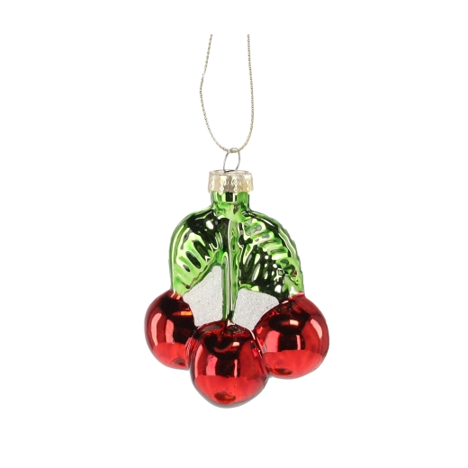 Skleněná vánoční ozdoba třešně s listy, sada 12 ks