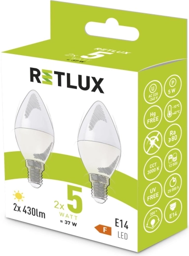 Retlux LED žárovka C37 E14 teplá bílá 5 W - 2 ks