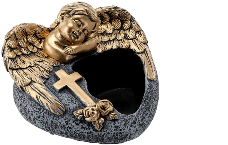 Cementový hřbitovní květináč anděl, tmavě šedý se zlatými ozdobami 16 × 17,5 × 11 cm