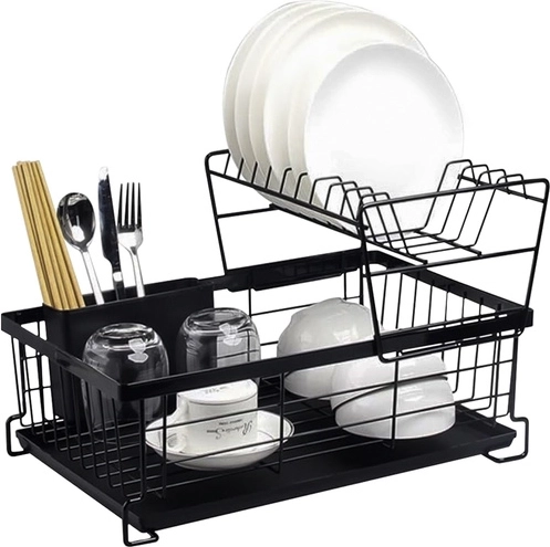 Dvoupodlažní odkapávač na nádobí RUHHY s tácem a přihrádkou na příbory, černý