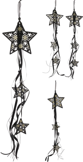 Závěsná dřevěná hvězda se stužkami 16 cm – černo‑zlatá dekorace