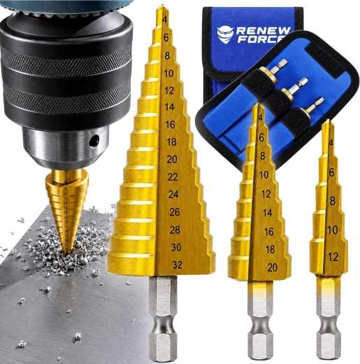 Sada titanových stupňovitých vrtáků HSS RENEW FORCE 4–32 mm se šestihrannou stopkou
