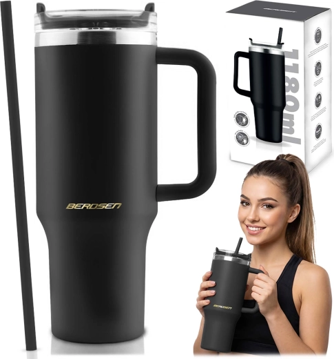 Termohrnek Berdsen se slámkou 1180 ml černý