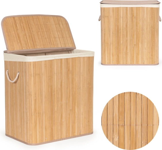 Bambusový koš na prádlo ModernHome 150 l se 3 přihrádkami a víkem