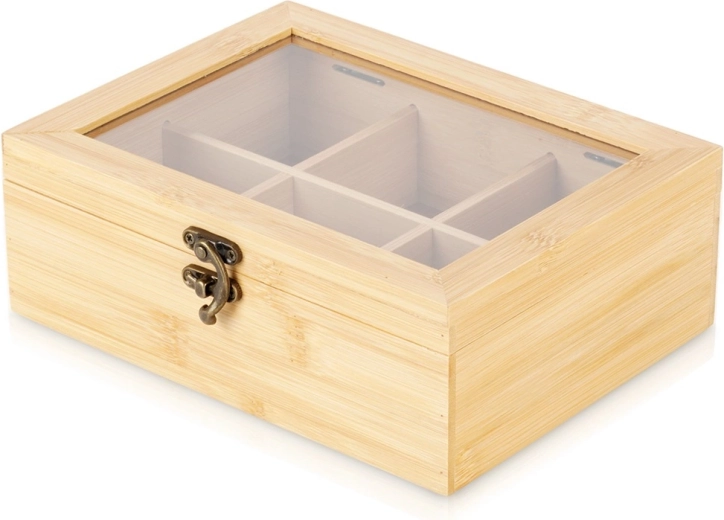 Dřevěný box na čaj z bambusu 21 × 16 × 7,5 cm, 6 přihrádek