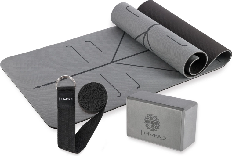 Šedá sada na jógu HMS – podložka, blok a popruh