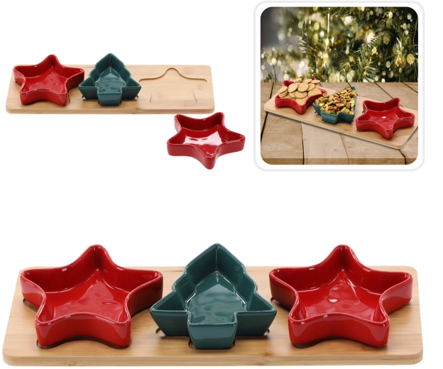 Vánoční sada keramických misek na bambusové desce