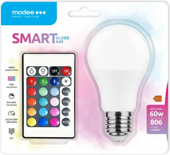 Modee LED chytrá žárovka A60 9,4 W E27 RGB-W 806 lm s dálkovým ovládáním