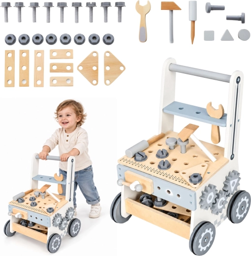 Dřevěný dětský ponk s chodítkem a nářadím ECOTOYS