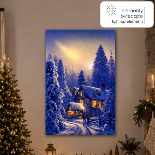 Obraz na plátně s LED osvětlením – zimní dům v lese 40 × 60 × 3,2 cm - 1 kus