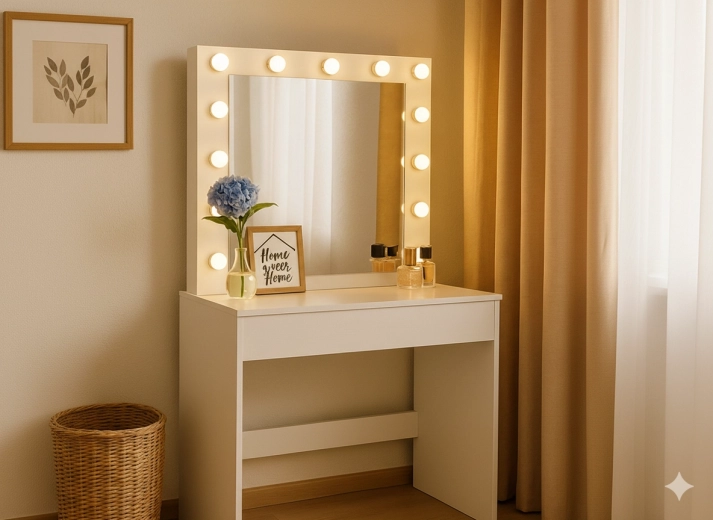 Bílá toaletka s LED osvětlením a velkým zrcadlem 80 × 40 × 140 cm