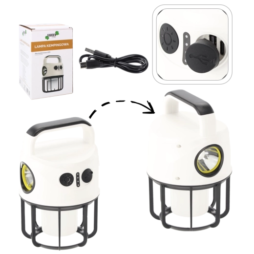 Akumulátorová kempingová LED lampa s powerbankou a reflektorem