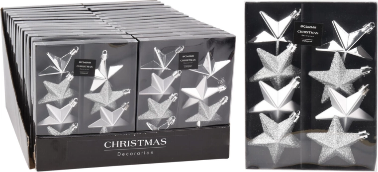 Vánoční hvězdy 6,5 cm – stříbrná mix (8 ks)