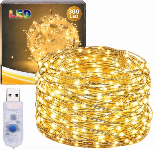 Vánoční světelný řetěz na drátku s 300 LED, 9 m