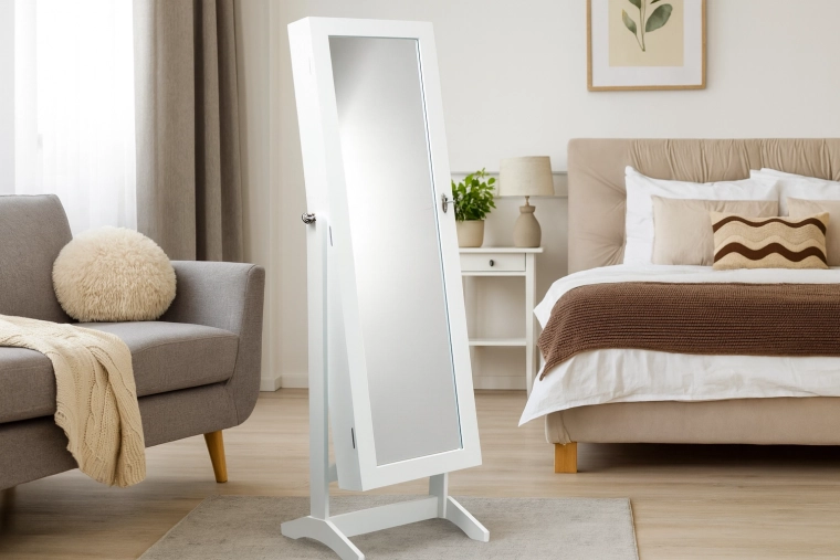 Bílá šperkovnice se zrcadlem Grand 41,5 × 36,5 × 147 cm