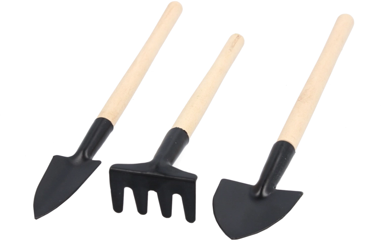 Sada zahradních nástrojů – lopatka, transplantér a hrabičky s dřevěnou rukojetí