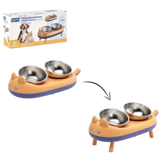 Zvýšený dvojitý stojan s nerezovými miskami pro psy a kočky 41 × 20,5 × 15 cm