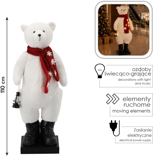 Vánoční dekorace polární medvěd s LED osvětlením, melodií a pohybem 110 cm