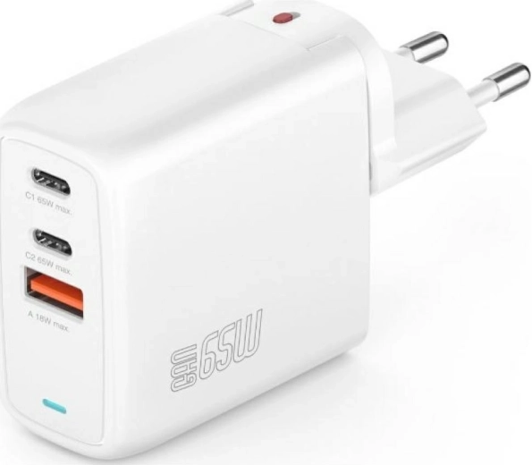 Síťová nabíječka GaN Flex 65W, 2× USB‑C + 1× USB‑A, bílá