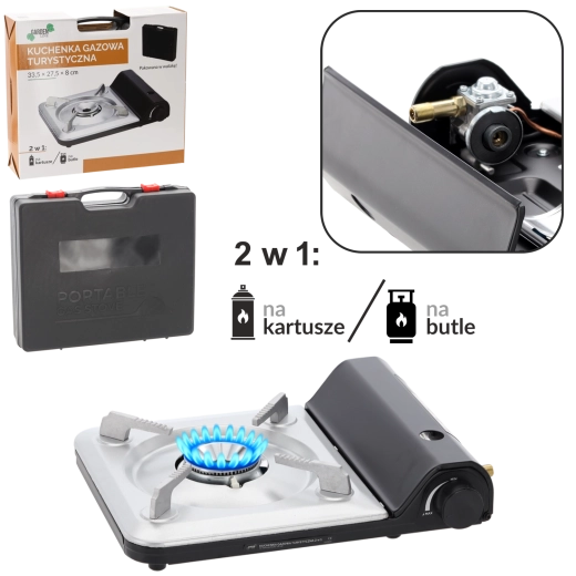 Turistický plynový vařič 2v1 na kartuše i láhve 3,5 kW