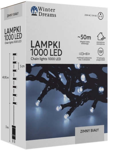 LED světelný řetěz 1000 LED studená bílá 50 m