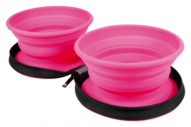 Cestovní dvojitá miska pro mazlíčky Kiwi Walker – růžová, skládací silikonová 2×350 ml