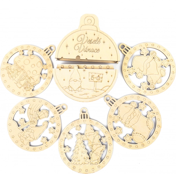 Vánoční dřevěné ozdoby skřítek, sada 5 ks v dárkové krabičce