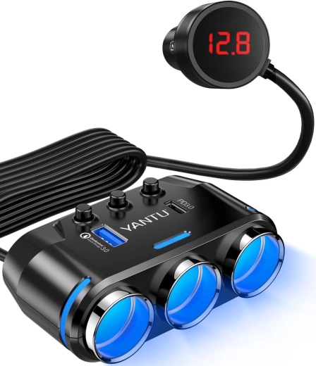 Rozbočovač autozapalovače Yantu se 3 zásuvkami, USB a USB‑C - 1 kus