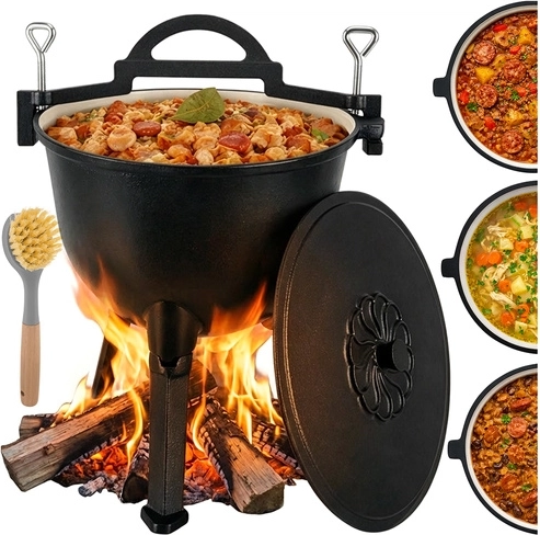 Železný smaltovaný kotlík na oheň 10 l KAMINER se stojánkem a poklicí