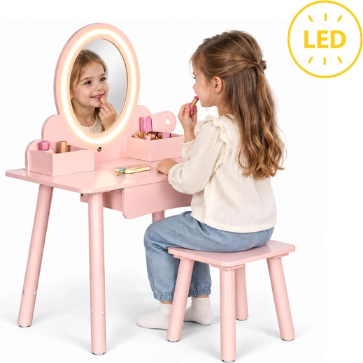 Dětský dřevěný toaletní stolek ECOTOYS s LED zrcadlem, stoličkou a doplňky
