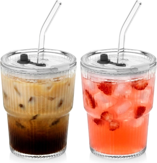 Skleněné tumbler sklenice s víčkem a brčkem 340 ml, sada 2 ks