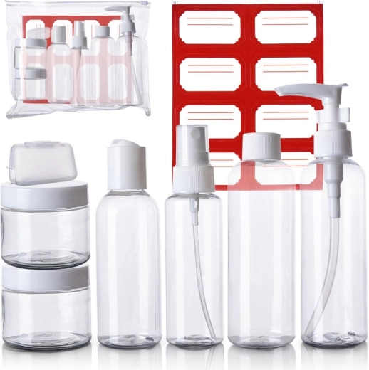 Cestovní lahvičky a dózy na kosmetiku do letadla v pouzdře, 8dílná sada