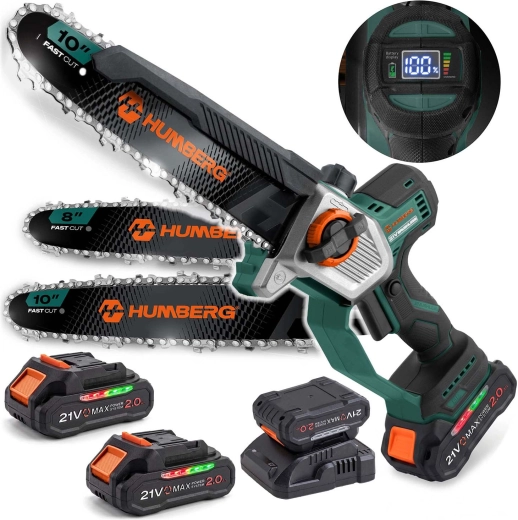 Humberg hm-437 akumulátorová mini řetězová pila s lištou 10" a 8" (2× 21 v 2,0 ah)
