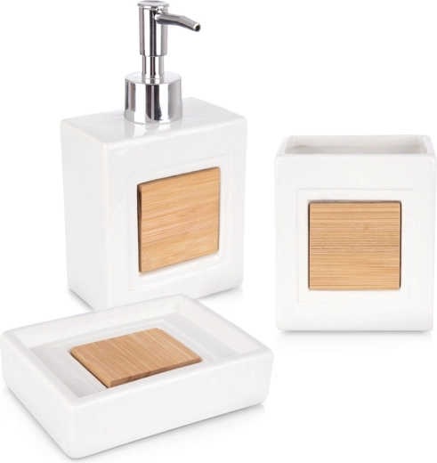 Bílá dolomitová koupelnová sada 3dílná s bambusem