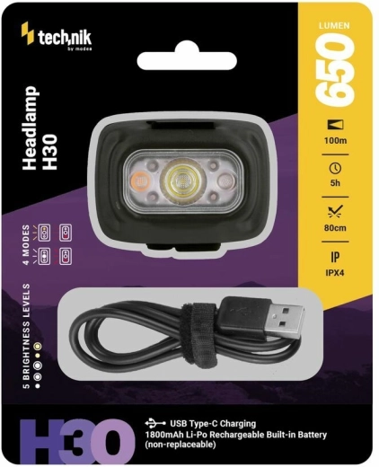Technik MT-H30 čelovka s USB‑C, 650 lm, bílá a červená LED