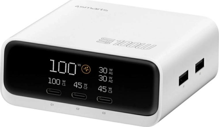 Stolní nabíječka 4smarts GaN 100 W s displejem, 3× USB‑C + 2× USB‑A, bílá