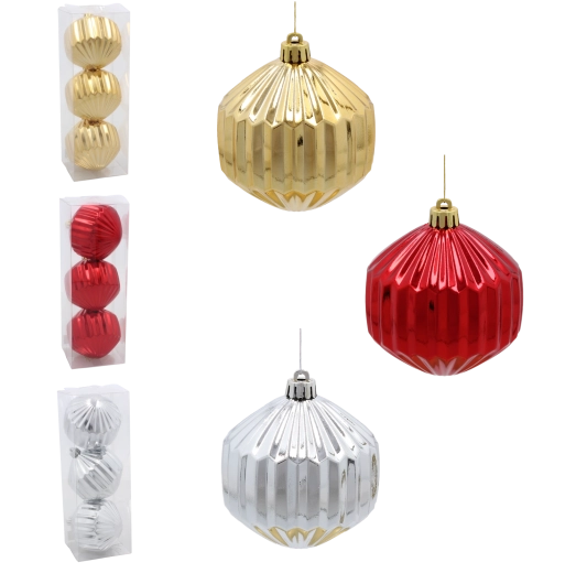 Sada vánočních koulí 8 cm – červená, zlatá a stříbrná, lesklé žebrované ozdoby (3 ks)